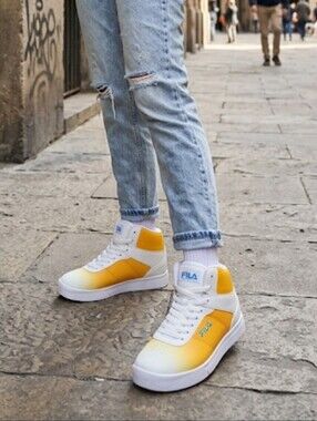 FILA Impress II Fade Yellow White High Top Sneakers Womens 7.5 NWOB